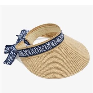 Sea and Grass Straw Hat Visor with Ribbon, NWT, Navy Ribbon